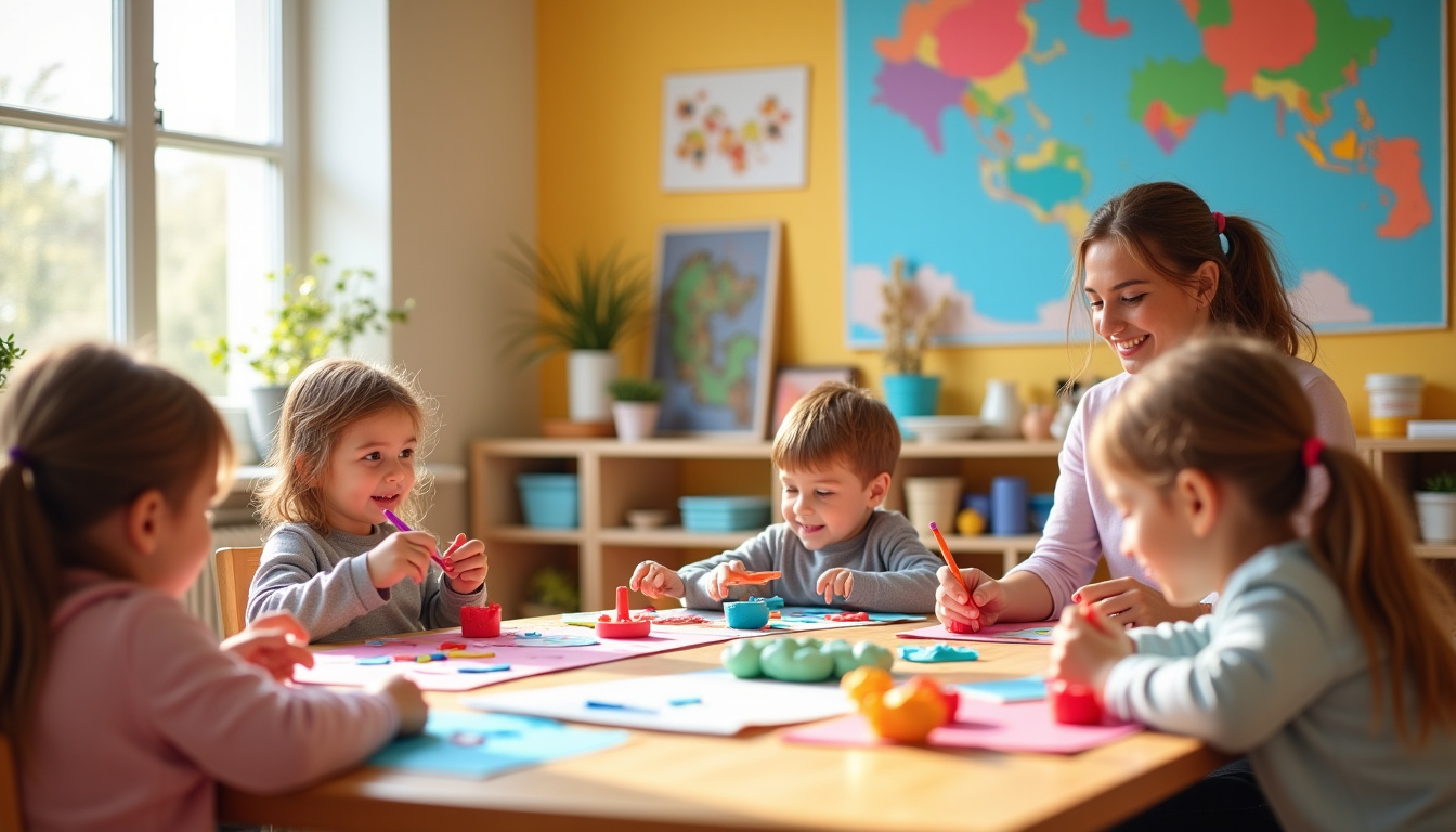 Activités pédagogiques dans une crèche à Alès: enfants faisant des arts plastiques avec des éducatrices