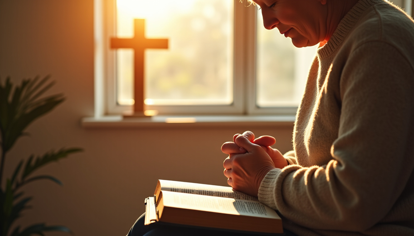 Adulte lisant la Bible et en prière, dans un cadre calme et méditatif, symbole de la démarche personnelle de foi