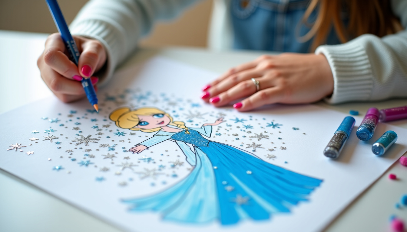 Atelier de coloriage avec paillettes, feutres et dessins de La Reine des Neiges sur une table