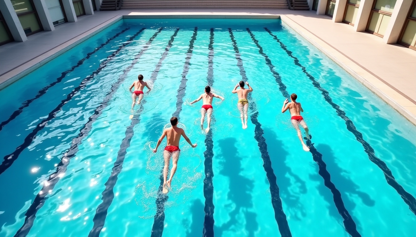 Bassin de 50 mètres à la piscine Léo Lagrange, vue aérienne montrant les lignes de nage et les nageurs en entraînement