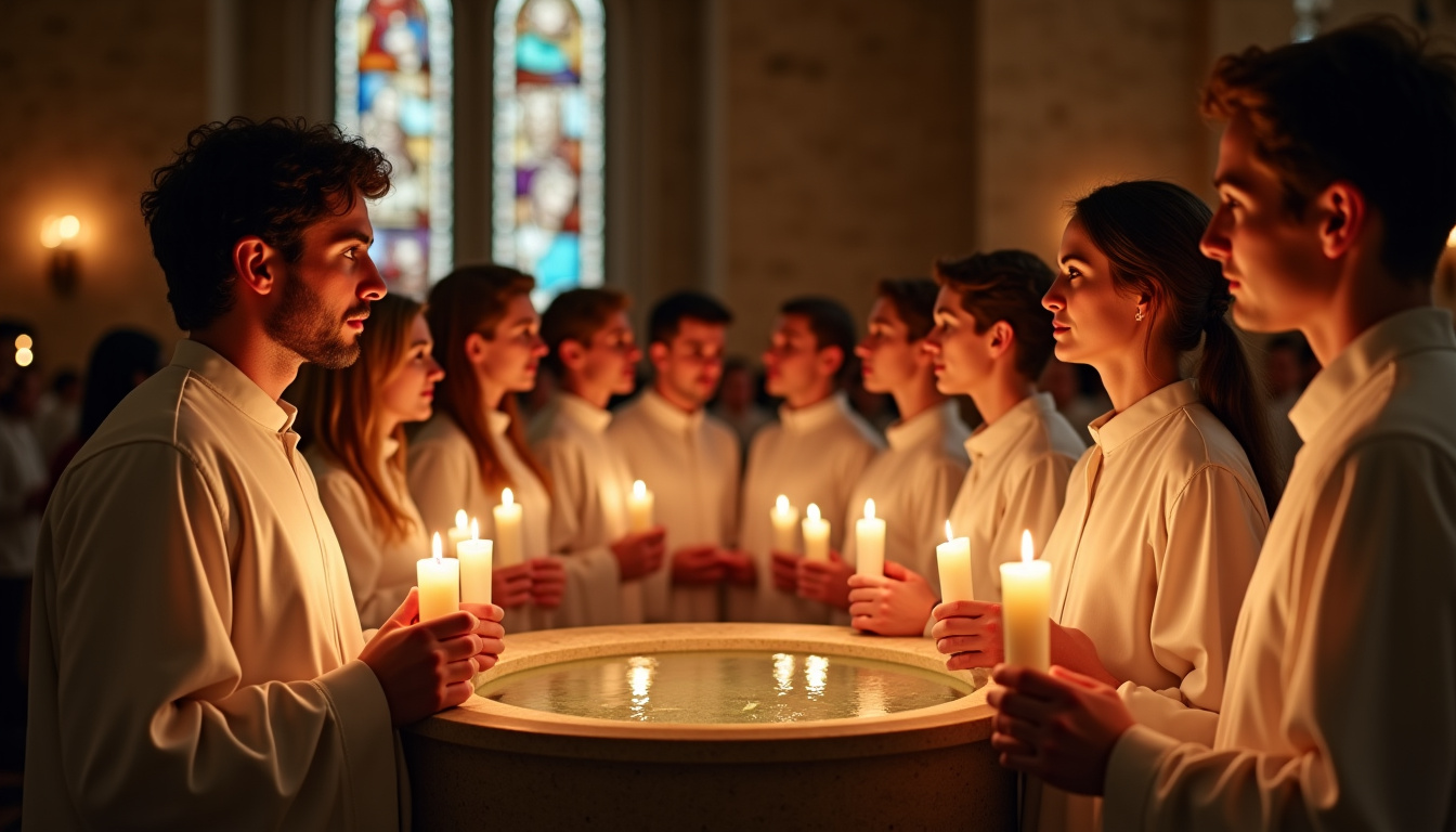 Célébration de la Vigile pascale avec des adultes en préparation au baptême, ambiance nocturne et solennelle dans une église