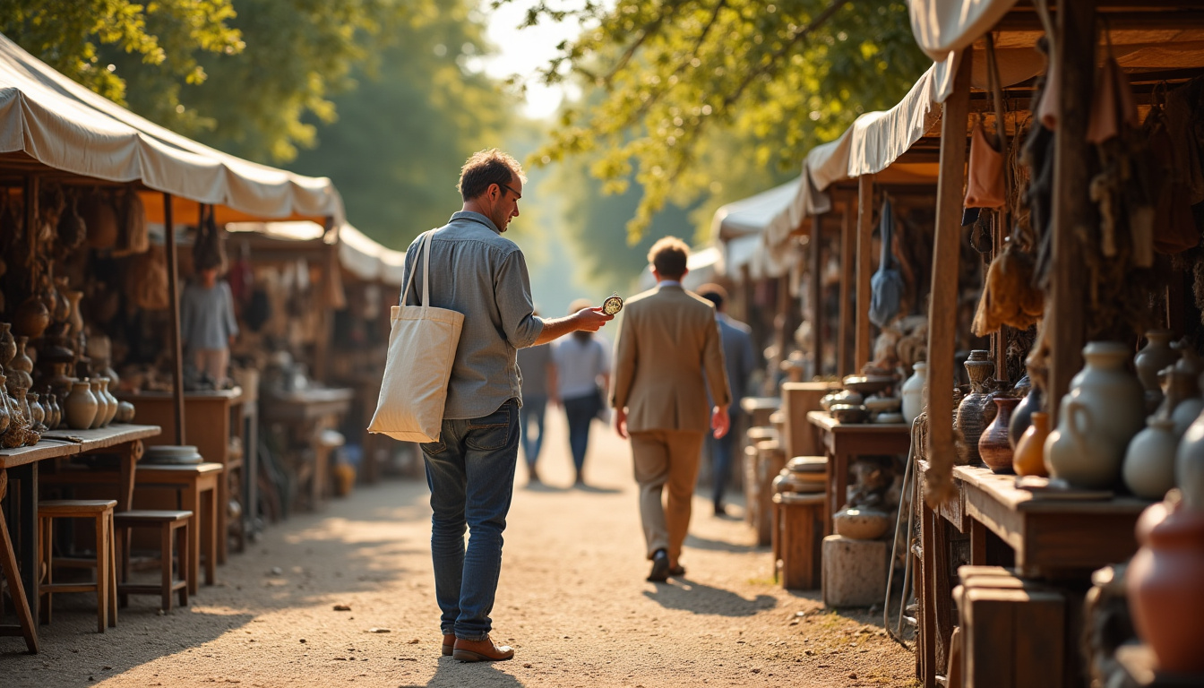 Chineur avec un sac en toile parcourant les allées d