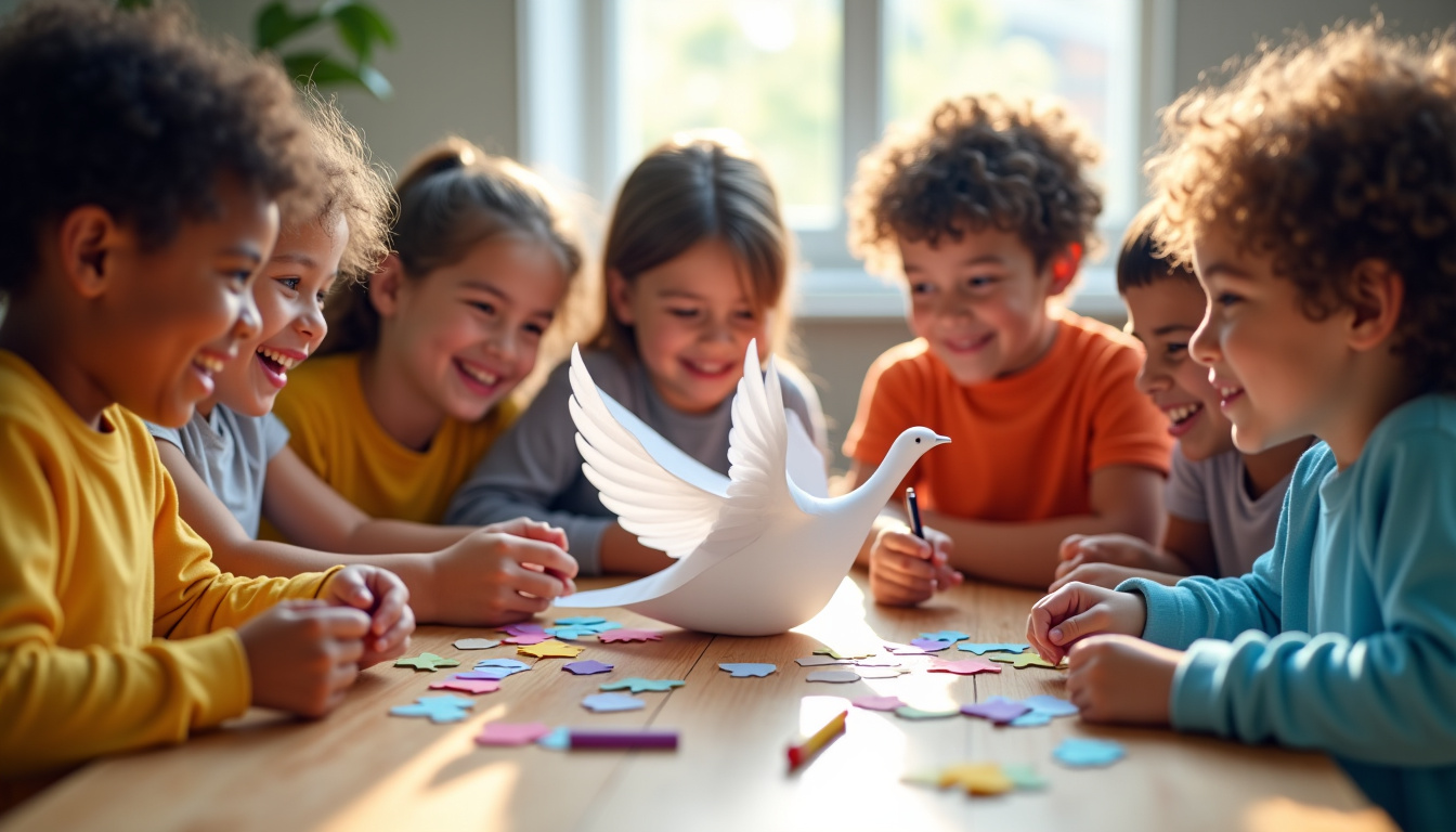Colombe de la paix réalisée en papier avec des enfants collant des morceaux colorés