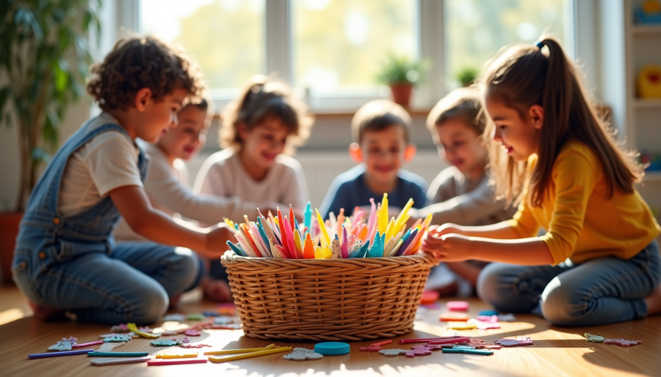 Corbeille commune remplie de matériaux de bricolage partagés entre enfants