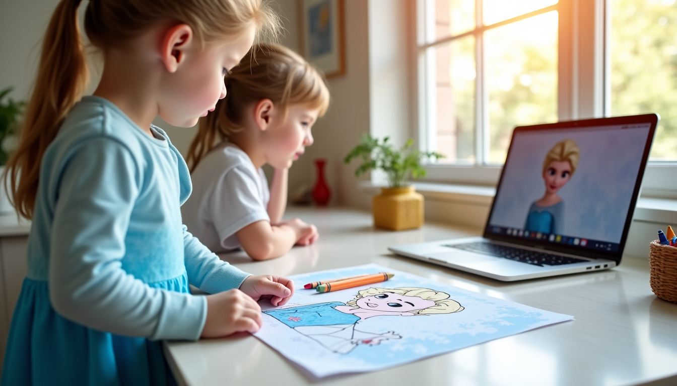 Enfant imprimant un dessin de La Reine des Neiges sur une imprimante domestique