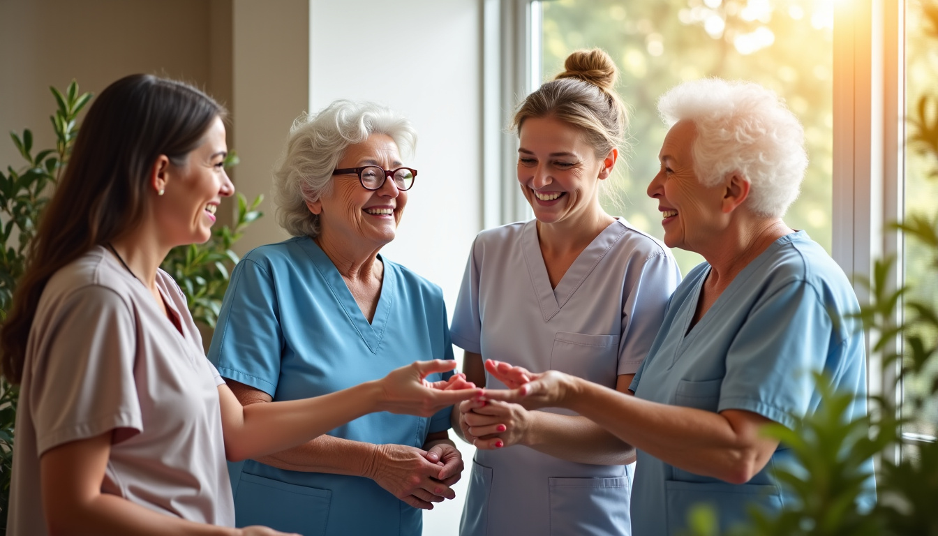 Équipe de soignants en tenue professionnelle à l’intérieur de la maison de retraite MSPA d’Alès, interaction avec des résidents, ambiance chaleureuse et humaine