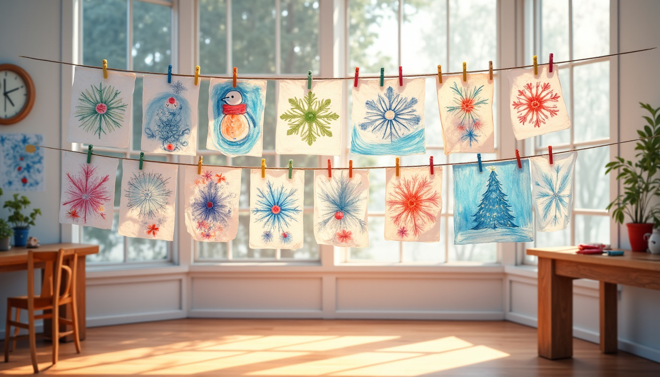 Exposition de dessins coloriés par des enfants, affichés dans une salle communautaire