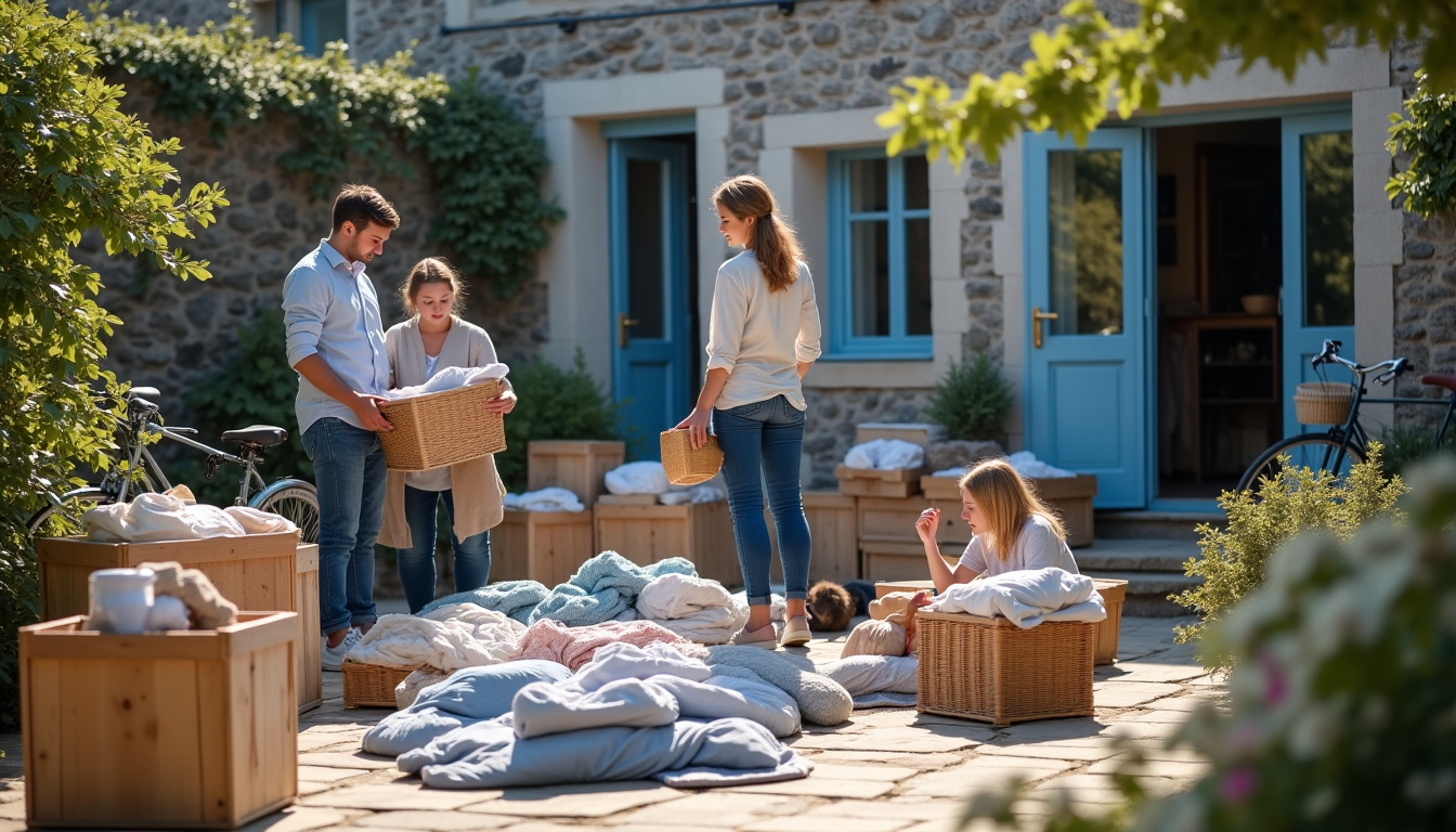 Famille triant des objets pour un vide-grenier dans une cour de maison en Bretagne