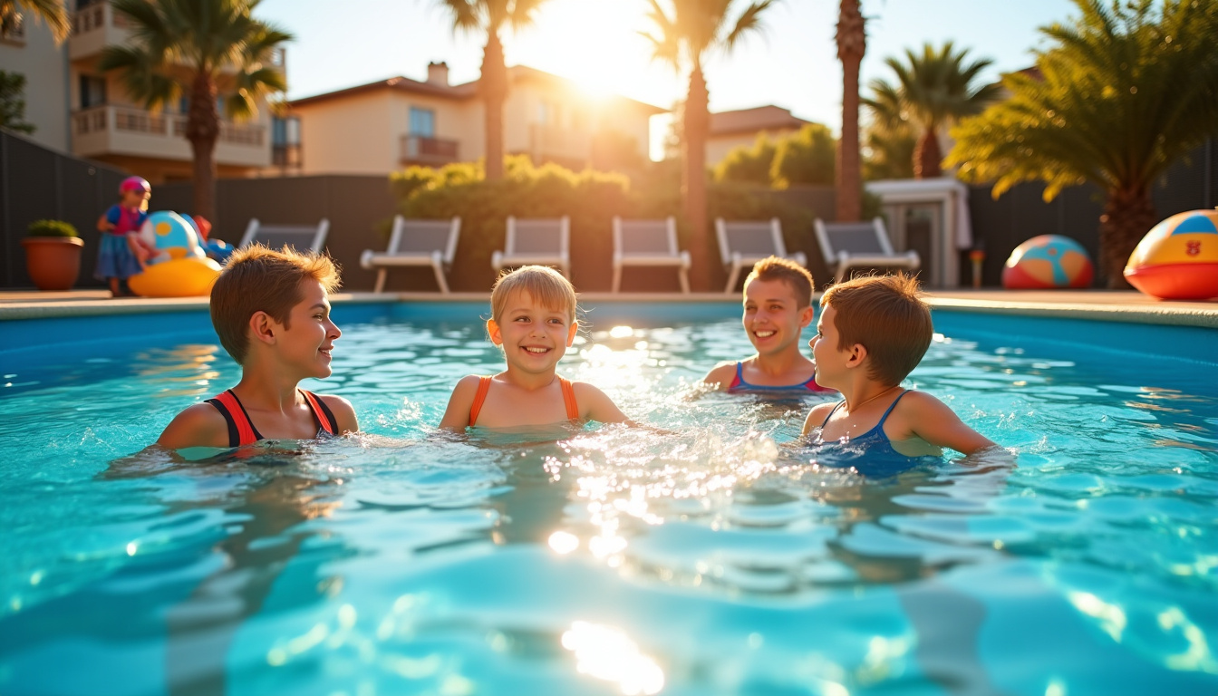 Famille utilisant les installations d’une piscine de quartier à Toulouse, avec enfants dans le petit bassin
