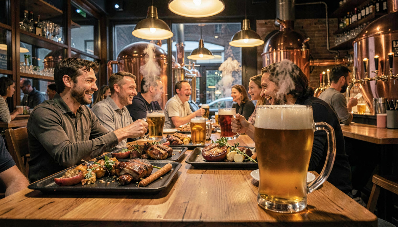 Intérieur d’un restaurant 3 Brasseurs, ambiance chaleureuse avec bières brassées sur place