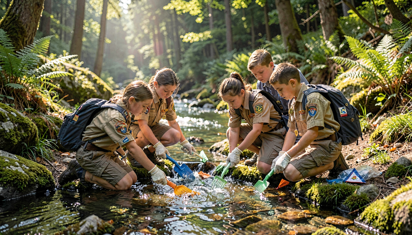 Jeunes scouts participant à une action de nettoyage de rivière en pleine nature