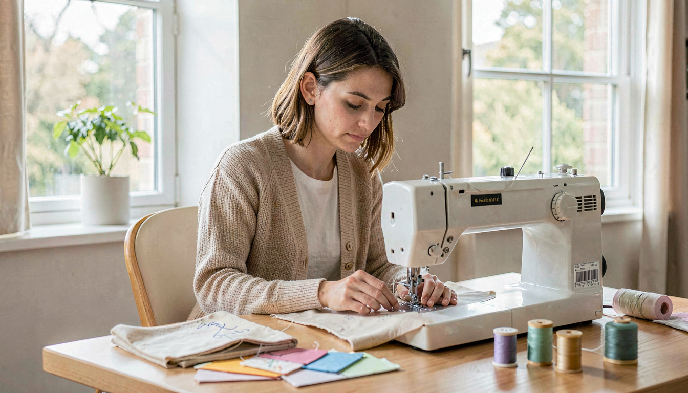 Participant testant une machine à coudre lors d