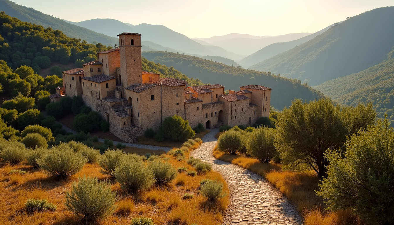 Paysage typique des Cévennes avec petit village en pierre et végétation méditerranéenne