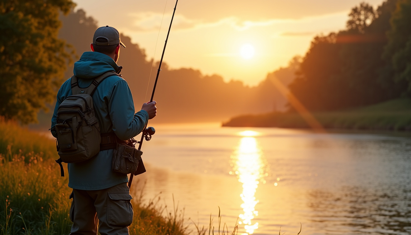 Pêcheur équipé au bord d