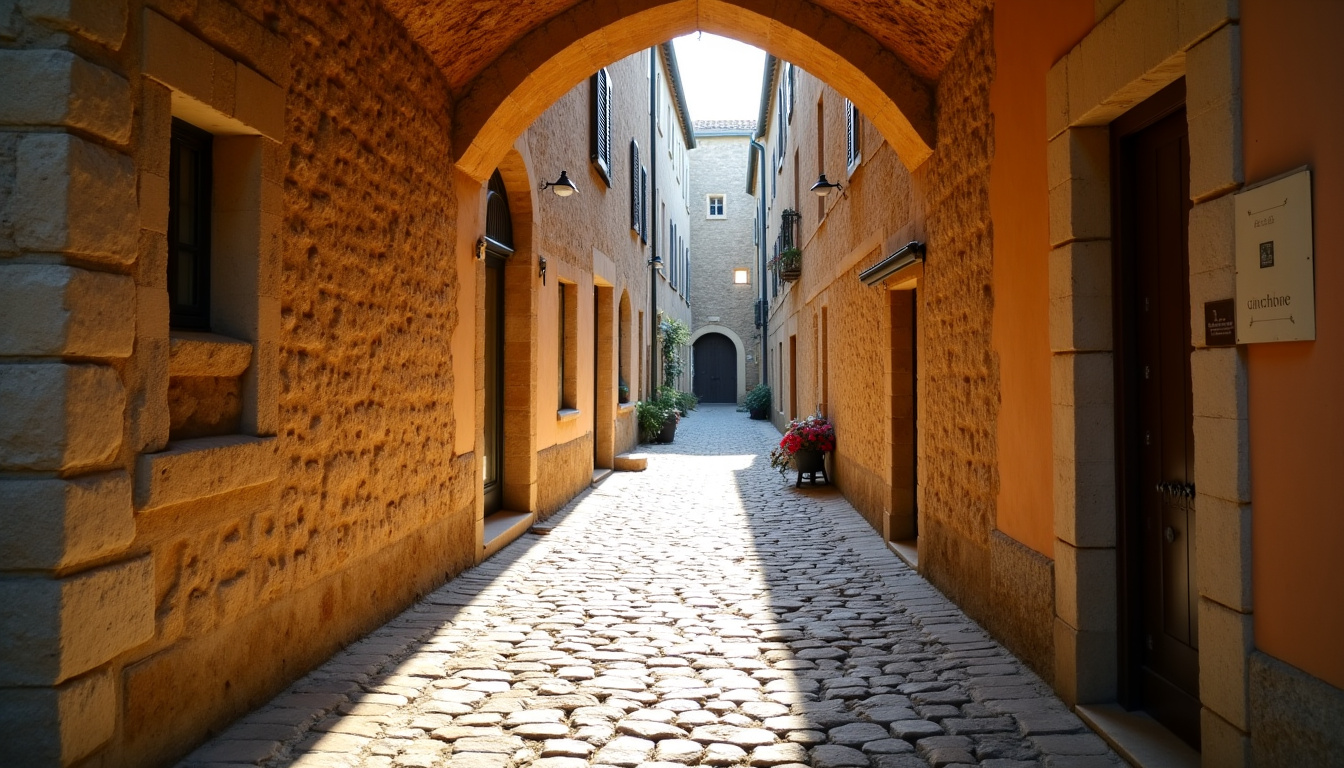 Petite ruelle pavée dans le centre historique de Vézénobres, bordée de vieilles maisons en pierre et de voûtes médiévales typiques du village