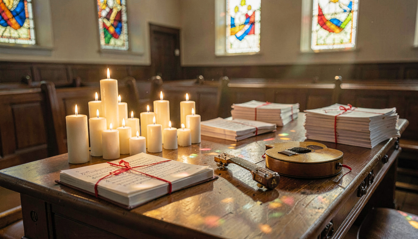 Préparation du matériel pour une veillée de Noël: bougies, textes imprimés, livrets, instruments de musique
