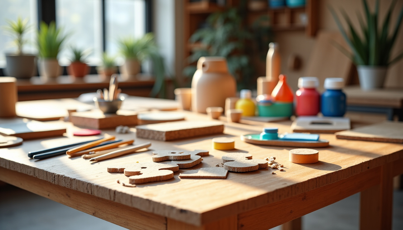 Tableau de matériaux de bricolage disposés sur une table: cartons, bouteilles plastiques, morceaux de bois, peintures, pinceaux