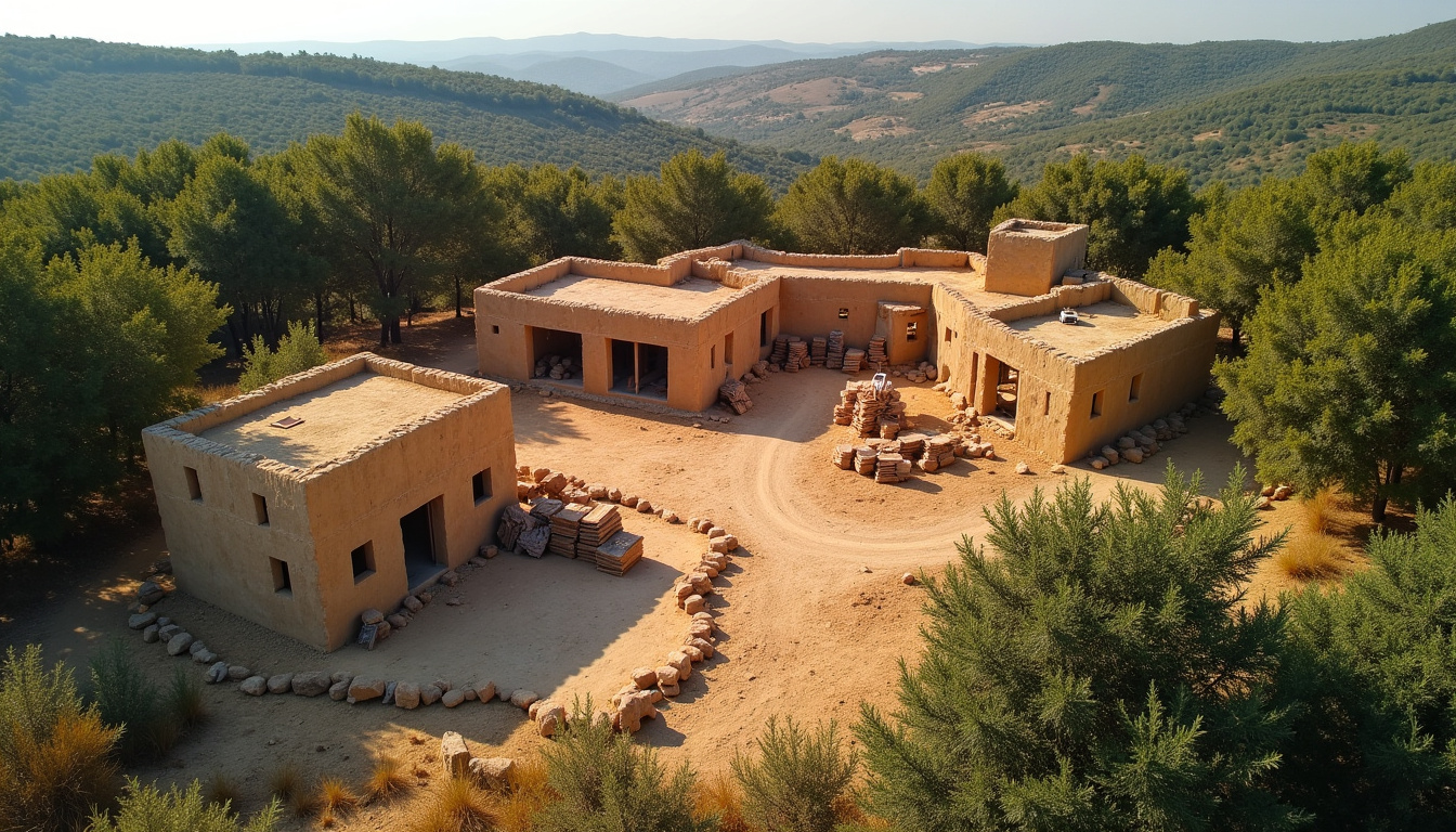 Vue aérienne du chantier de la Maison en Partage aux Mages, montrant une construction en paille et terre