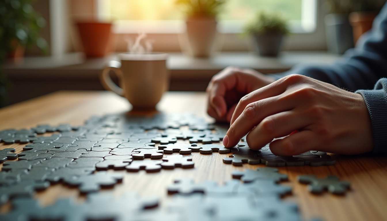 Adulte en train de résoudre un puzzle complexe sous bonne lumière, symbolisant la concentration mentale