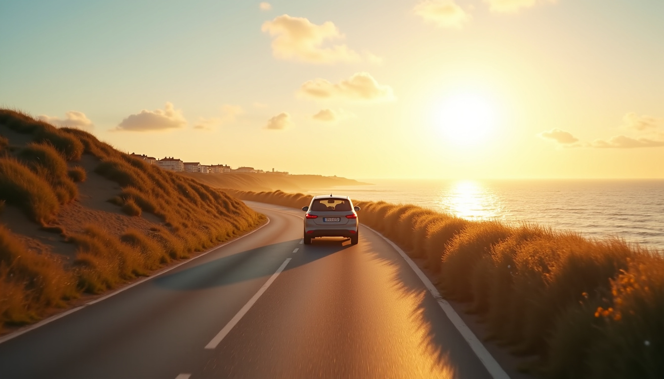 Arrivée en voiture sur la route côtière vers Berck pour le festival