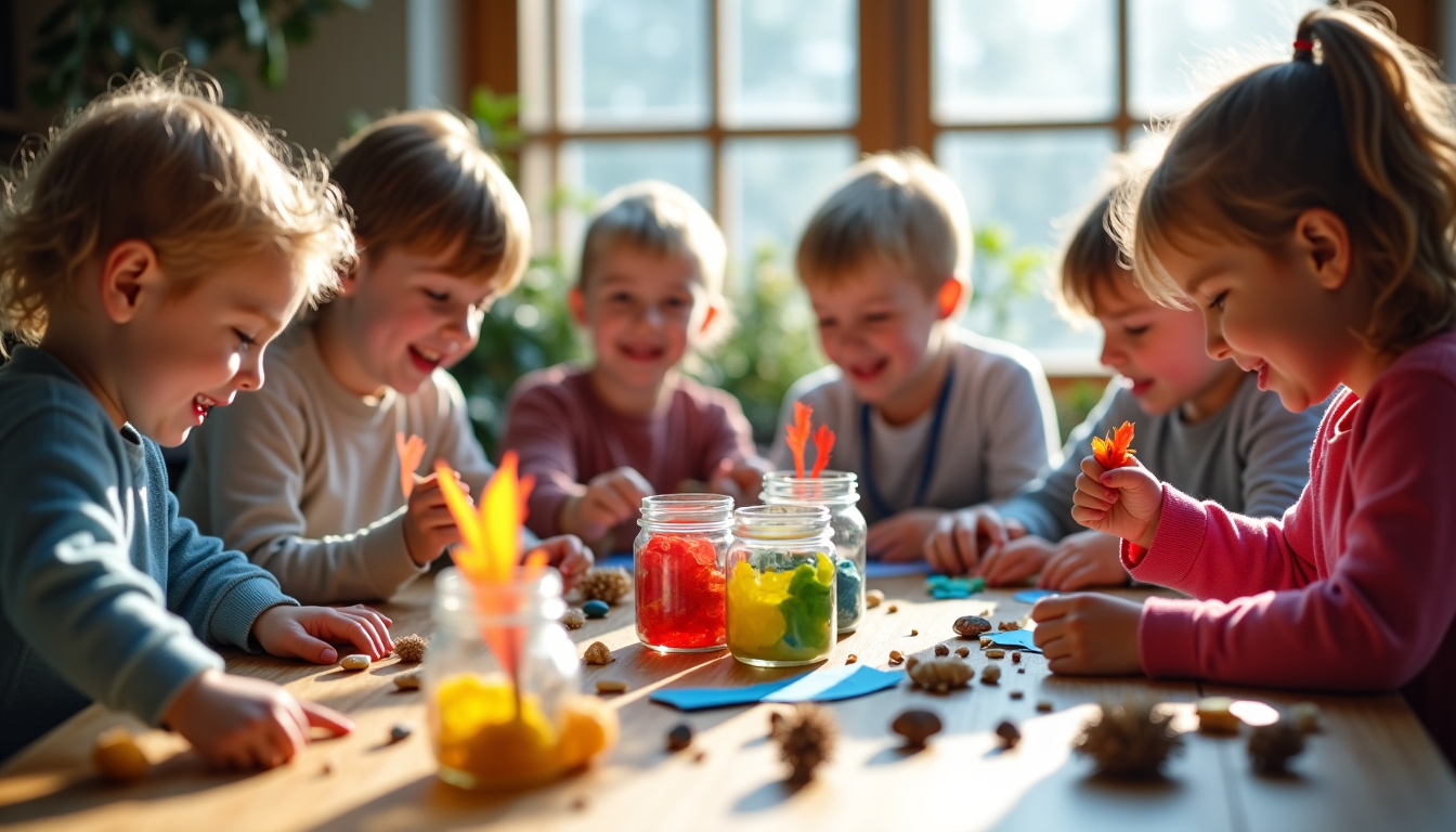 Atelier créatif pour enfants avec matériaux naturels et couleurs vives
