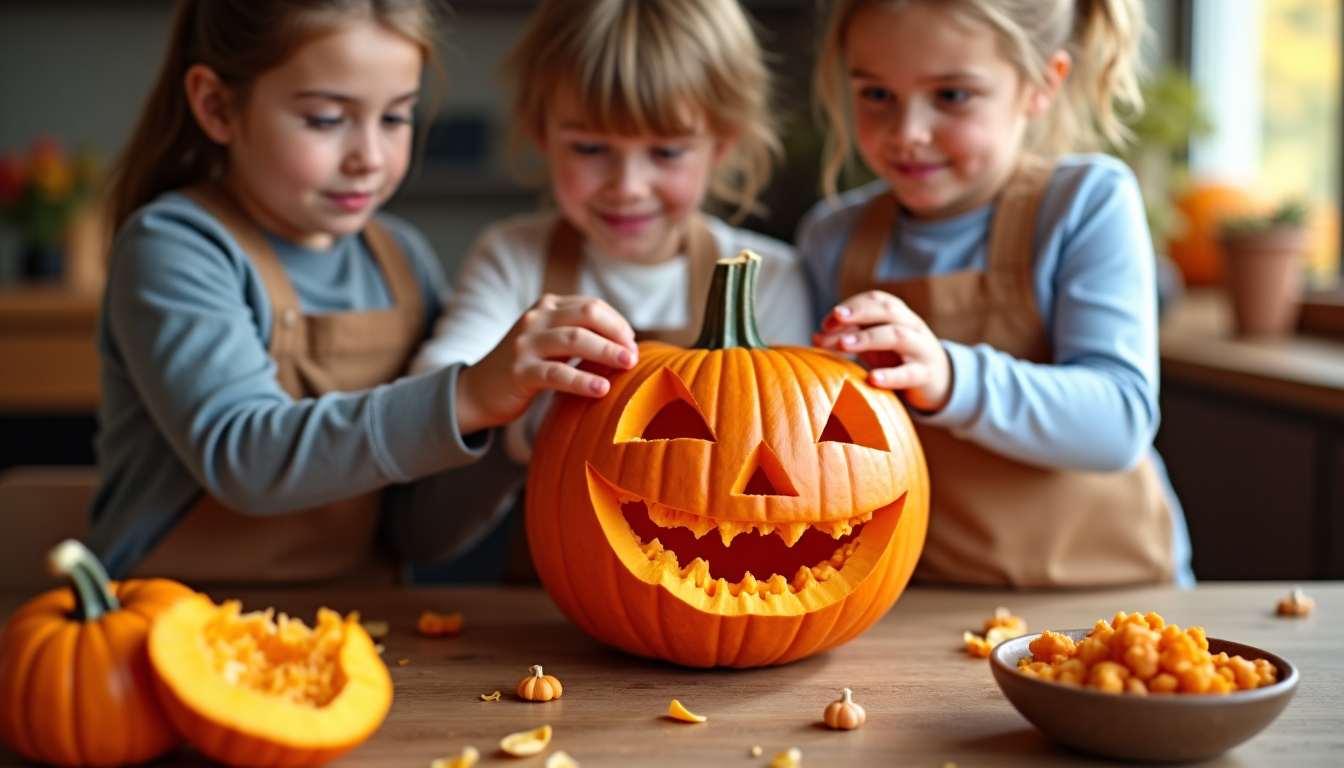 Citrouille en cours de découpe avec des outils sécurisés et enfants encadrés par un adulte
