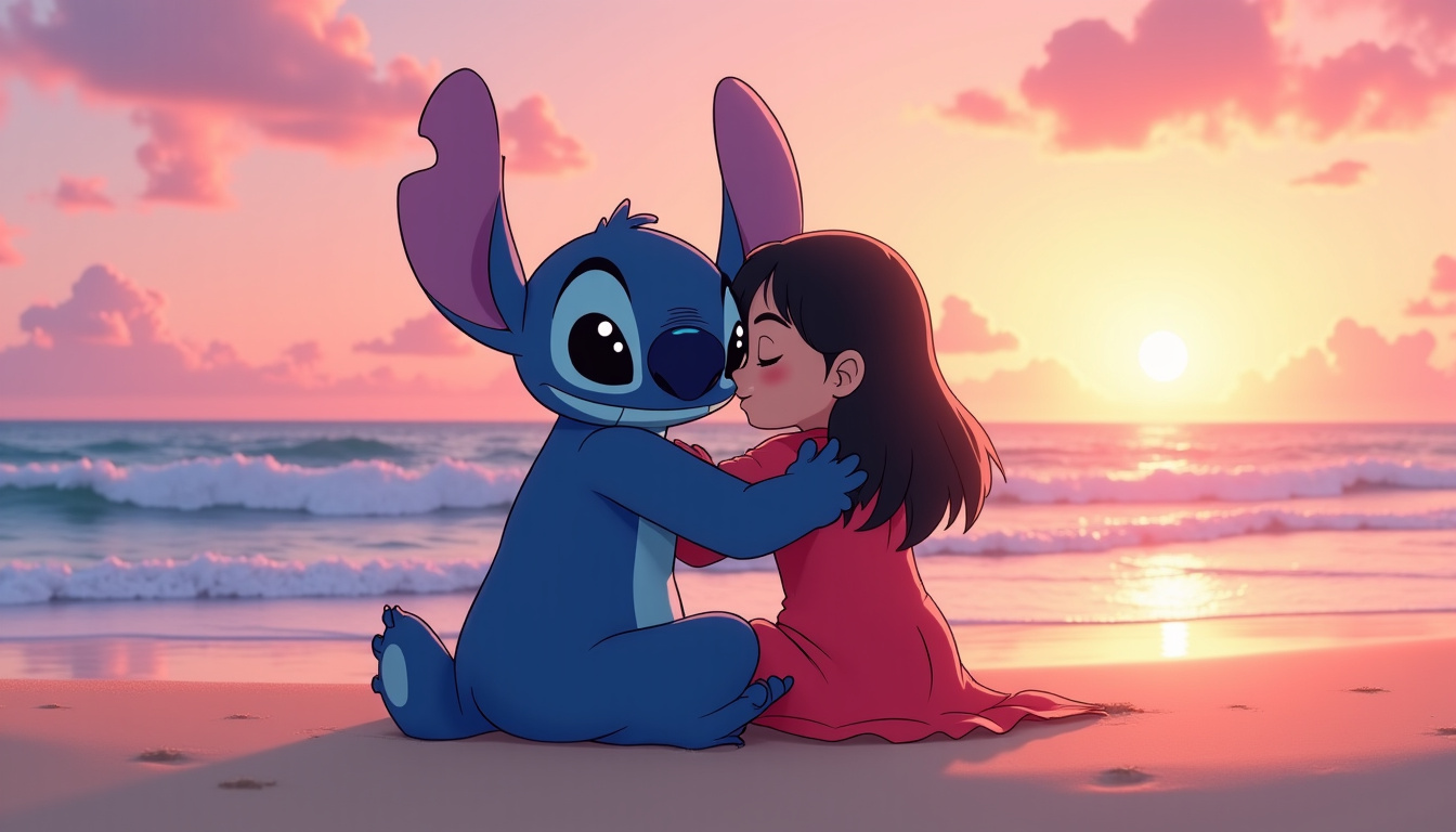 Coloriage de Stitch et Lilo en train de se faire un câlin, illustration douce et émotionnelle