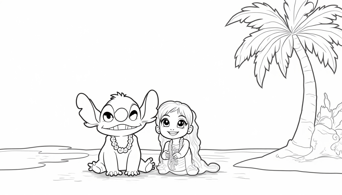 Coloriage montrant Stitch, Lilo et Angel ensemble dans une scène amicale