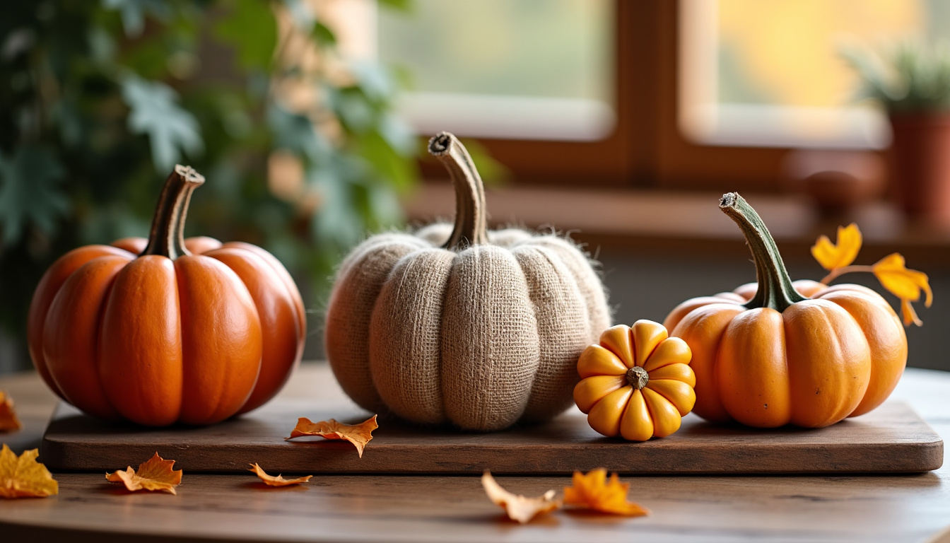 Comparaison de citrouilles traditionnelles et alternatives durables en bois, tissu et légumes de saison