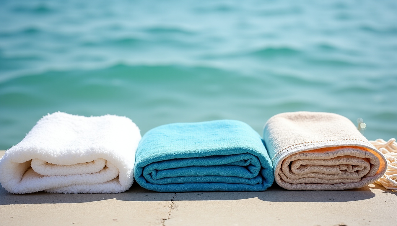 Comparaison visuelle des différentes matières de serviettes de plage: coton, microfibre et fouta