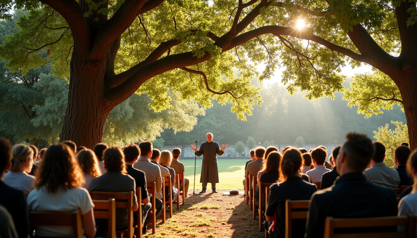 Culte en plein air sous les arbres du Mas Soubeyran à Mialet lors de l