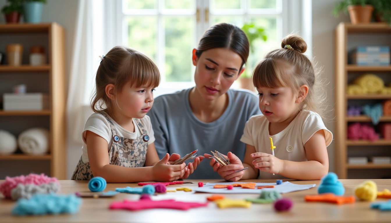 Deux enfants en désaccord pendant un atelier de bricolage, avec un adulte médiateur à proximité