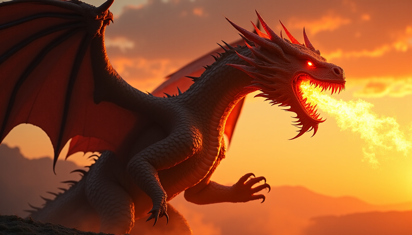 Dragon crachant des flammes avec effets de lumière et de fumée