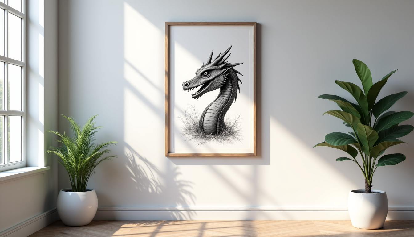 Dragon dessiné imprimé et encadré sur un mur