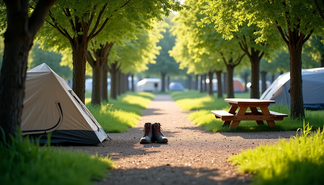 Emplacements de camping 3 étoiles bien délimités, ombragés par de grands arbres et équipés d