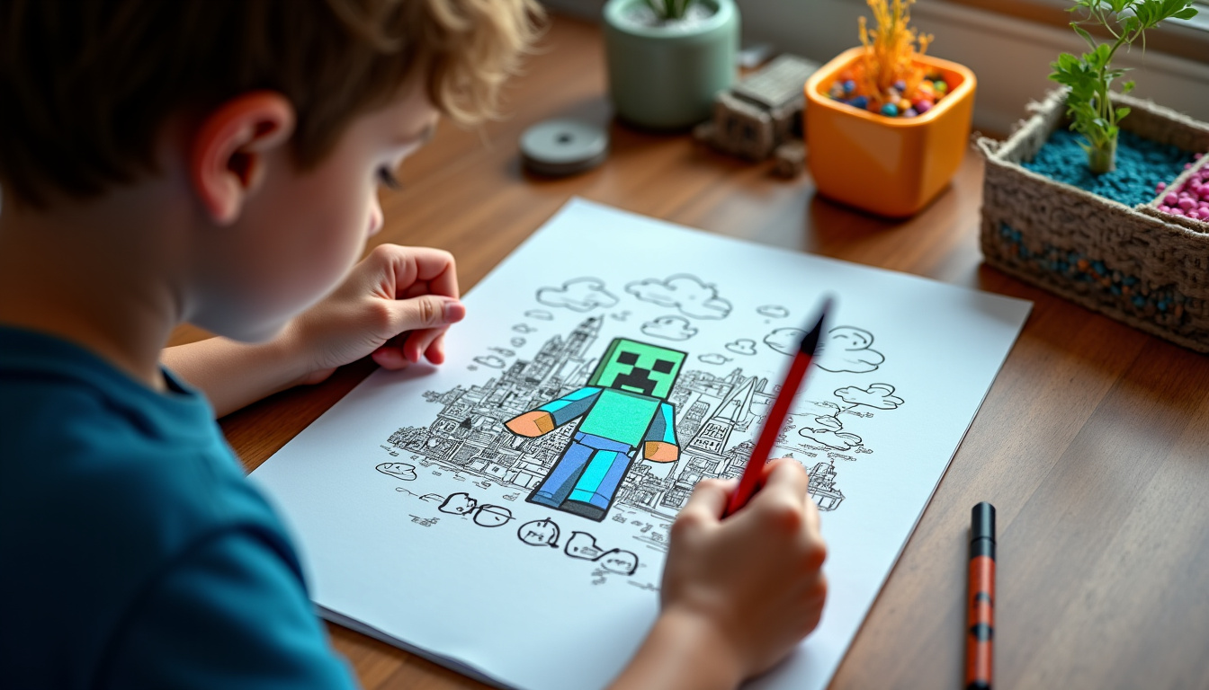 Enfant coloriant un dessin Minecraft avec crayons et feutres