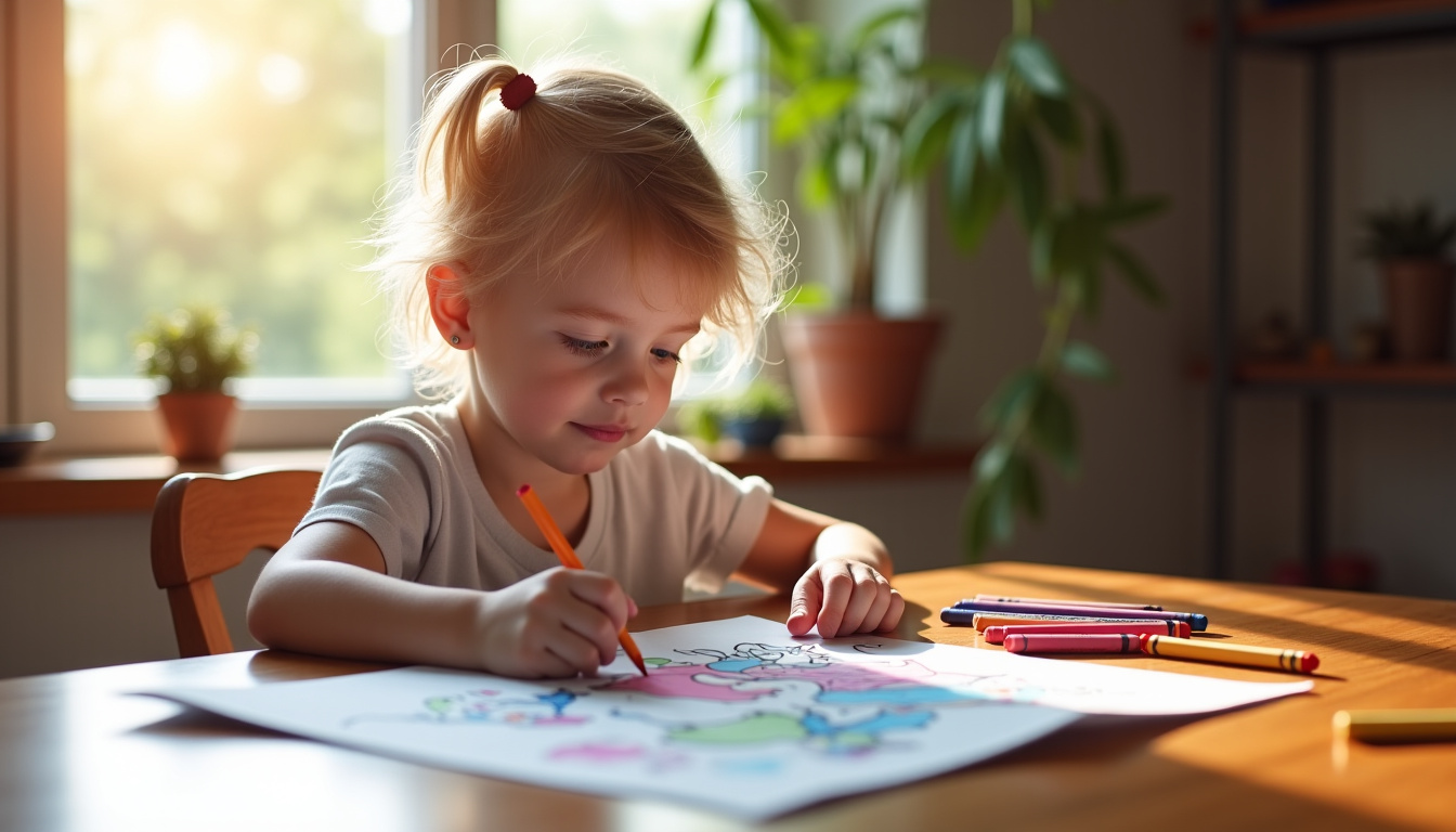Enfant concentré en train de colorier un dessin de licorne