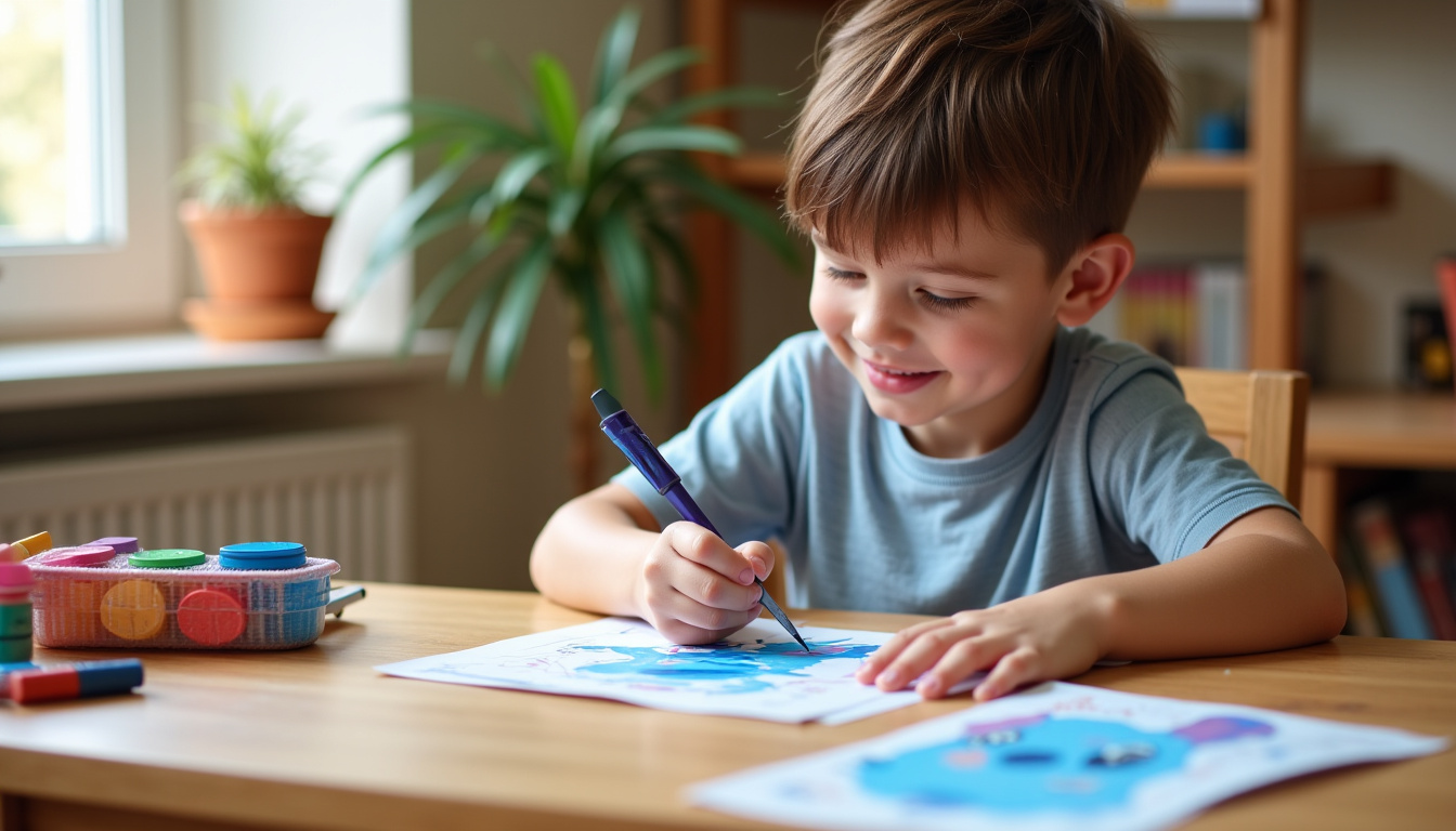 Enfant en train de colorier un dessin de Stitch sur une table bien organisée avec des crayons