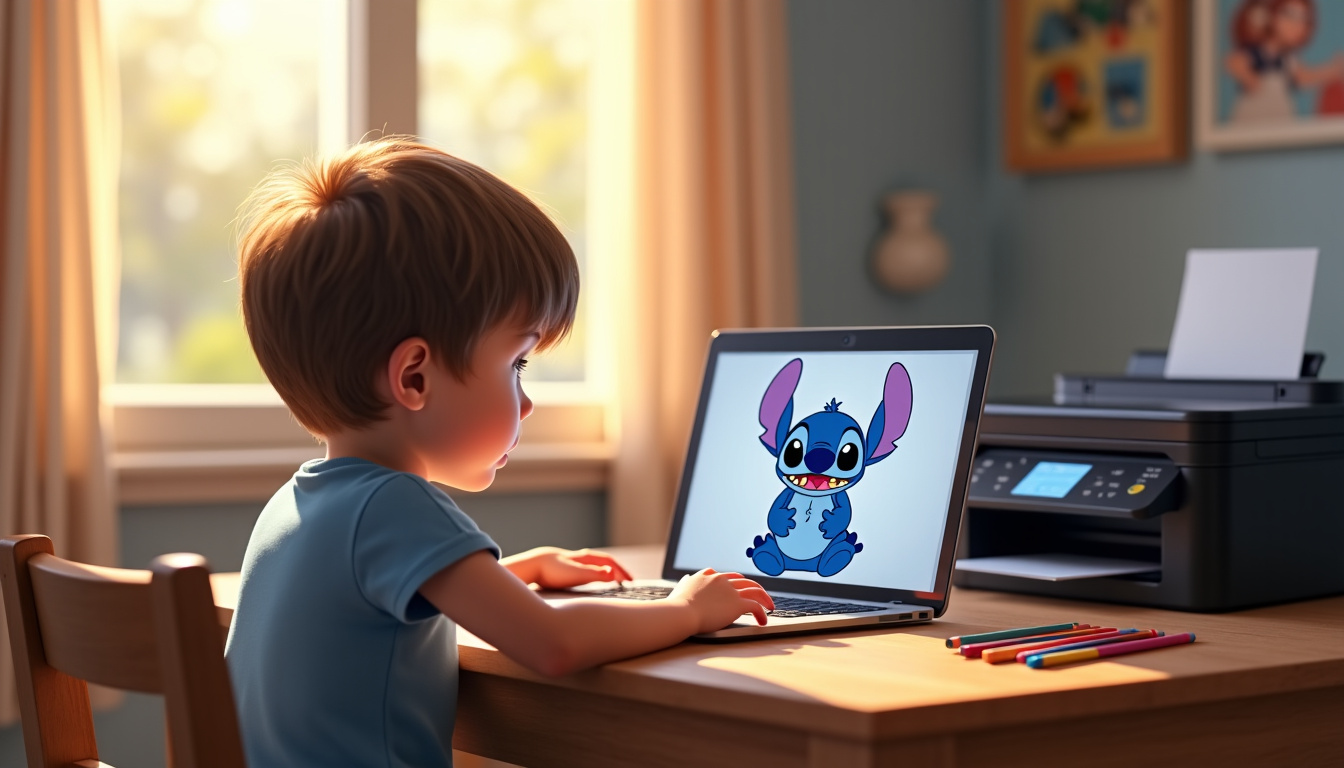 Enfant imprimant un dessin de Stitch sur une imprimante depuis son ordinateur
