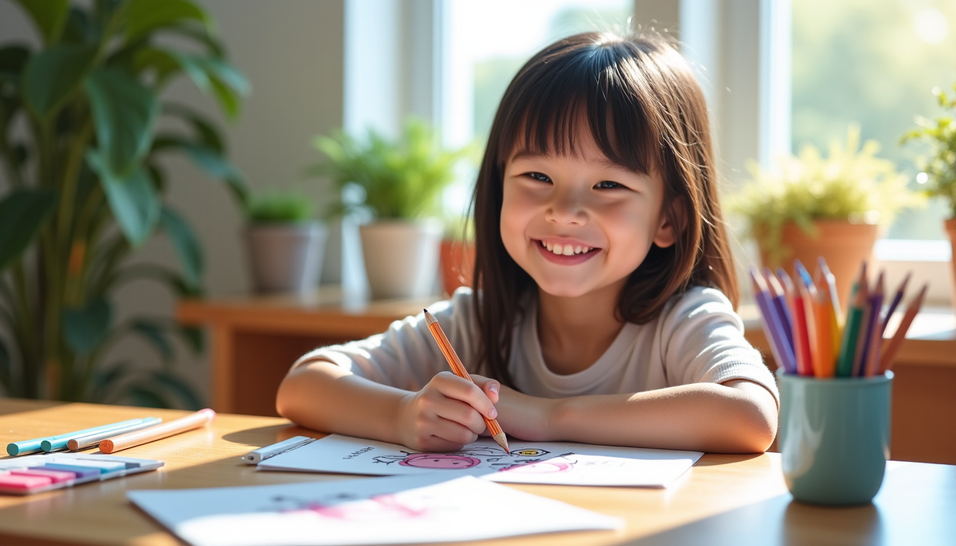 Enfant souriant en train de colorier un dessin kawaii avec des crayons de couleurs
