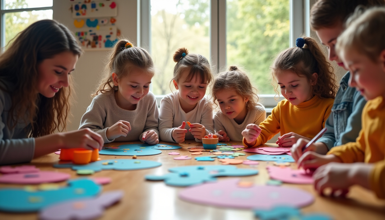 Enfants de différents âges participant à des activités de bricolage adaptées à leur développement, avec des adultes encadrants