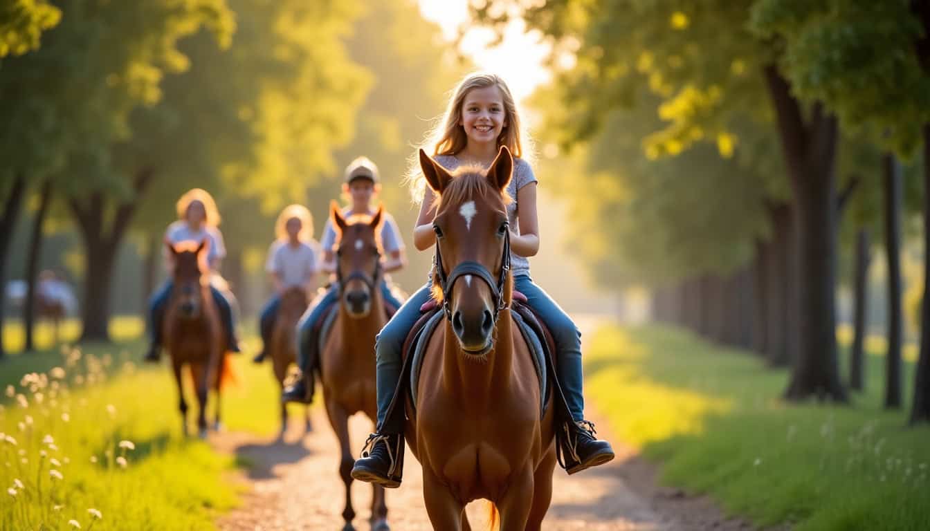 Enfants en train de faire une balade à poney dans une base de loisirs