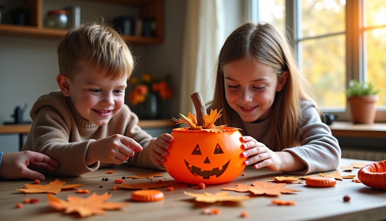 Enfants réalisant un bricolage de citrouille avec des matériaux recyclés sous la supervision d’un adulte