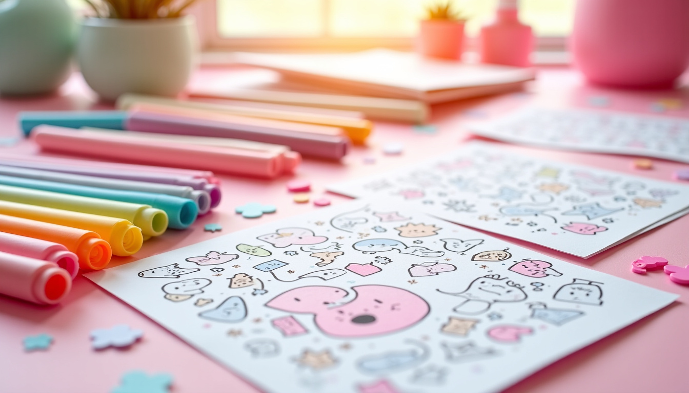 Ensemble de matériel de coloriage kawaii disposé sur une table avec crayons, feutres et dessins terminés