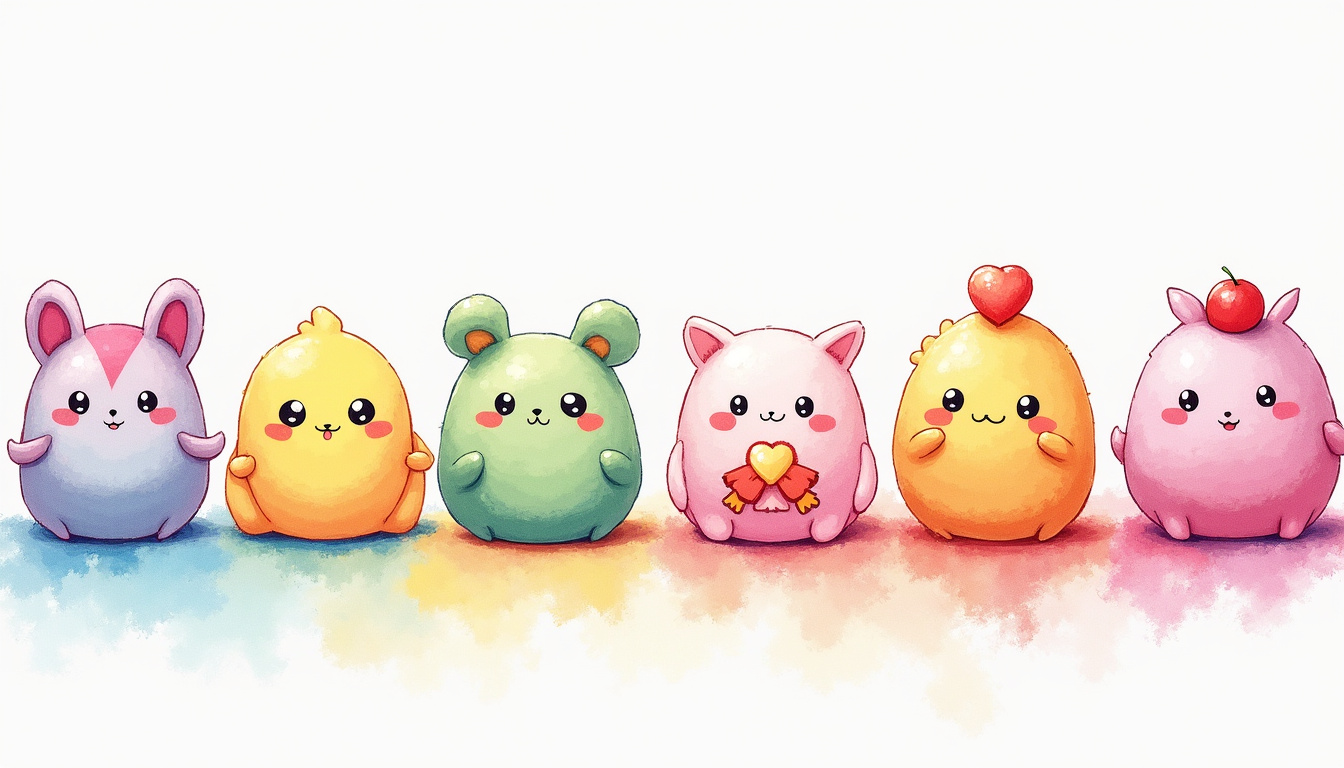 Ensemble de personnages kawaii coloriés avec différentes techniques et palettes de couleurs