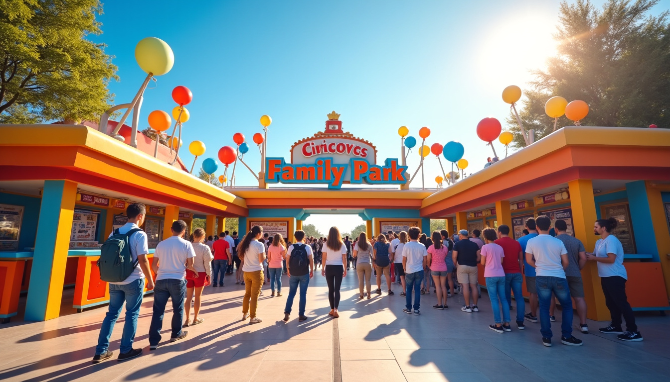 Entrée du parc Family Park avec file d’attente à la billetterie