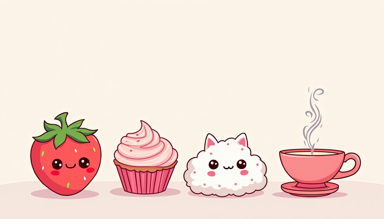 Exemples de dessins kawaii: fraise, cupcake, chat, nuage, tasse de thé