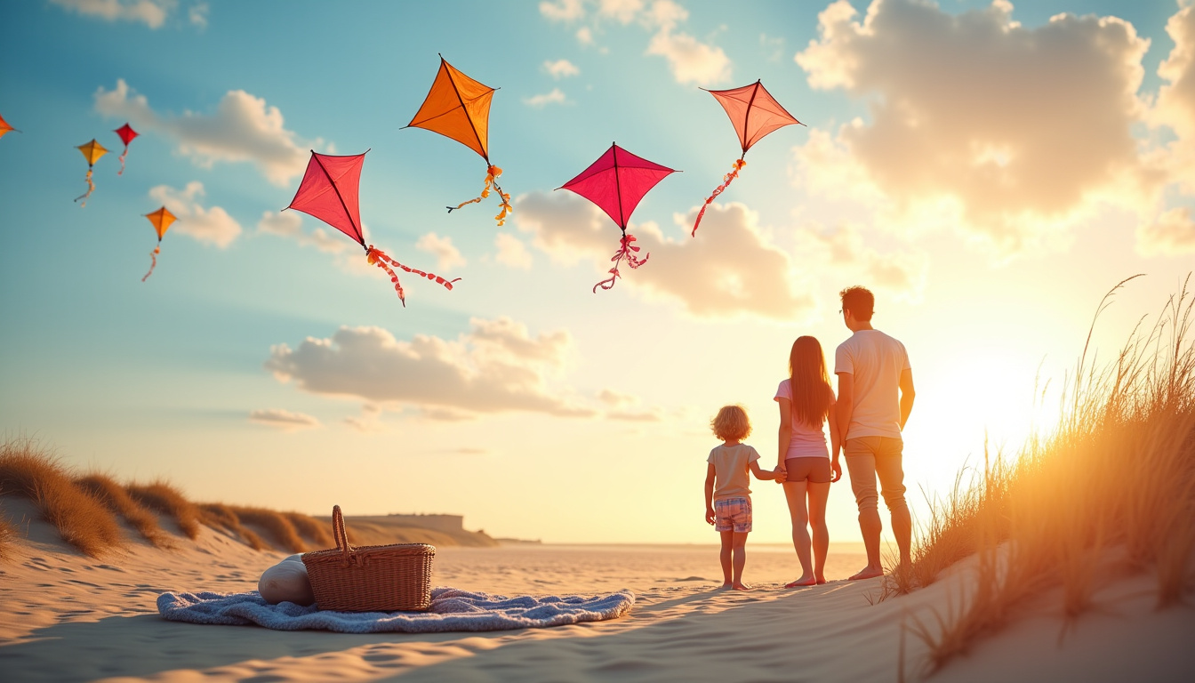Famille au festival des cerfs-volants de Berck, regardant le ciel rempli de couleurs