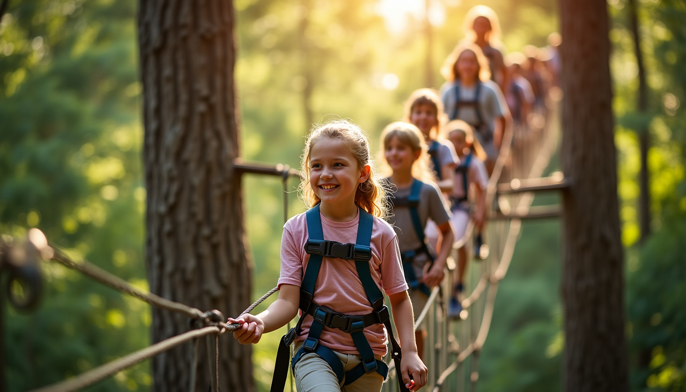 Famille en train de pratiquer l’accrobranche avec des enfants équipés de harnais