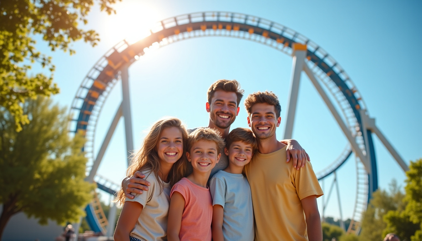 Famille souriante posant devant une grande attraction du parc